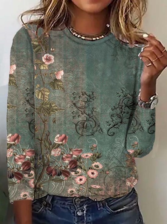 Casual Pescoço tripulação Floral Camisa