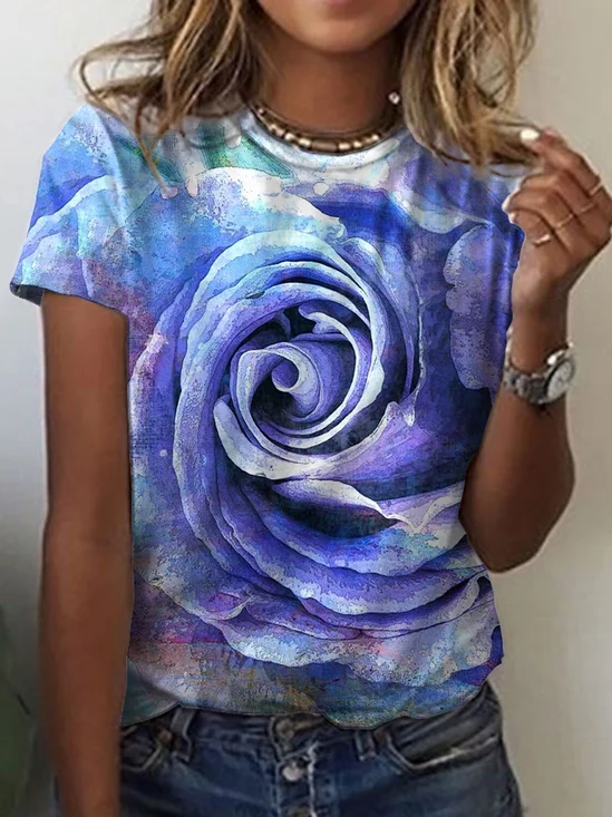 Jersey Casual Pescoço tripulação Azul Floral Camisa