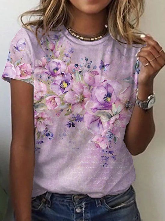 Floral Pescoço tripulação Solto Casual Camisa