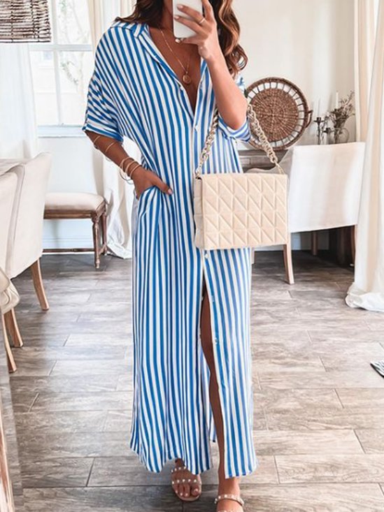 Casual Solto Listrado Colarinho da camisa Diário Vestido