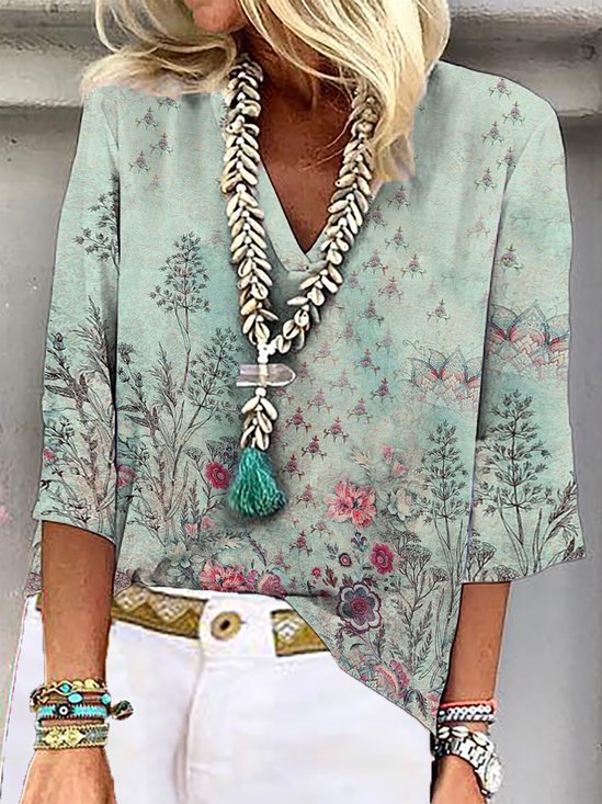 Casual Gola  V Floral Camisa