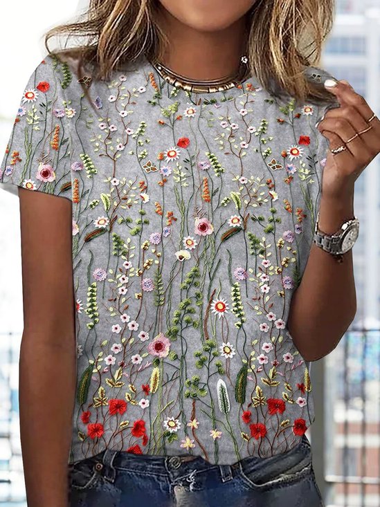 Jersey Floral Impresso Casual Pescoço tripulação Camisa