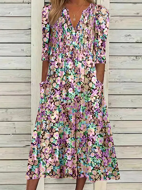 Floral Gola  V Casual Manga Meia Vestido