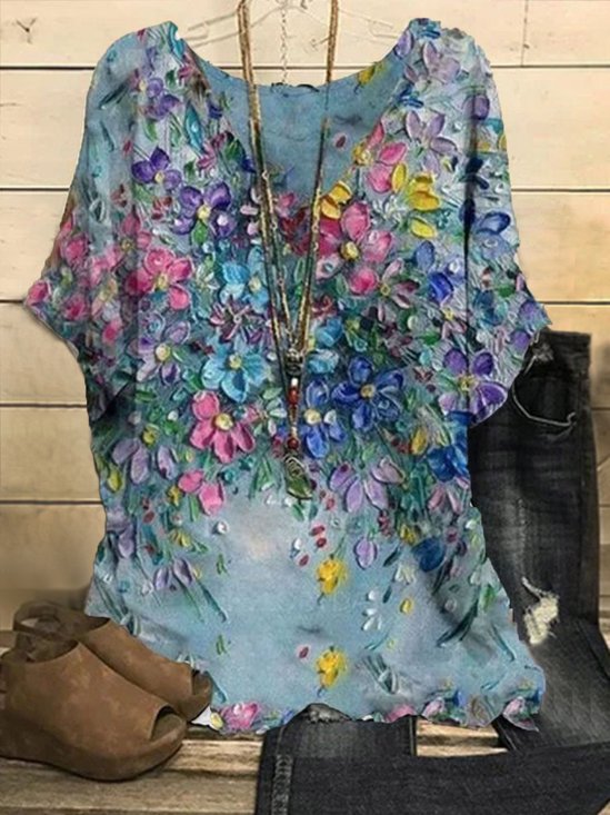 Grande Tamanho Pintura Pescoço tripulação Casual Solto Camisa