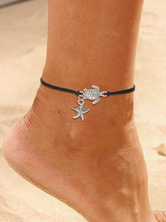 Boêmio Tartaruga Estrela do Mar Padrão Couro Corda Tornozeleira Praia Férias Vestido Joalheria