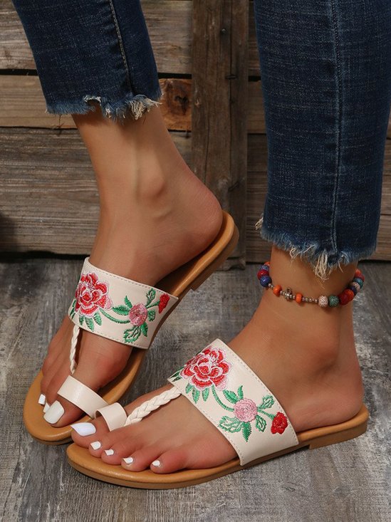 Etniab Floral Bordado Dedo do pé Anel Deslizar Sandálias
