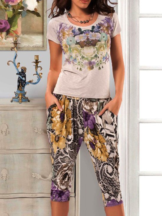 Floral Manga Curta Pescoço tripulação Casual Conjunto de duas peças