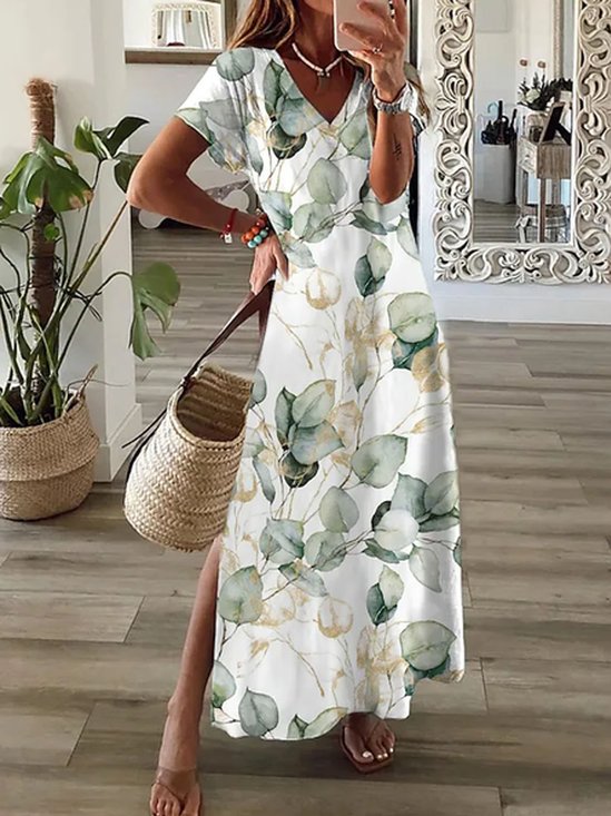 Casual Solto Folha Impresso Gola  V Vestido