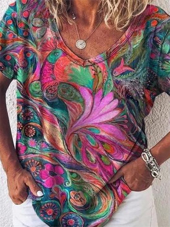 Grande Tamanho Gola  V Casual Solto Jersey Camisa