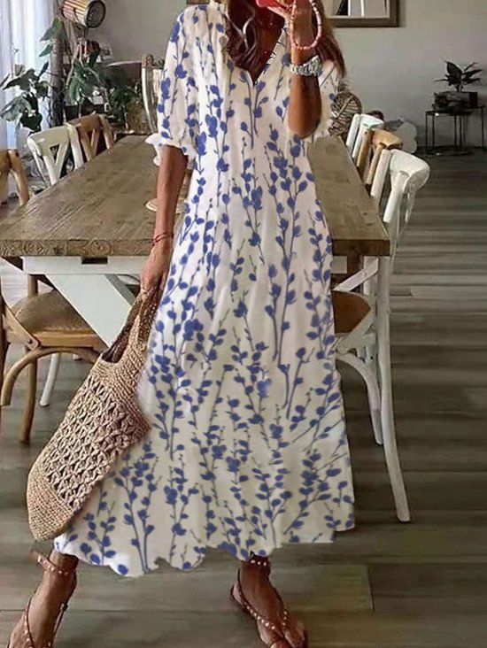 Gola  V Solto Azul Floral Casual Vestido