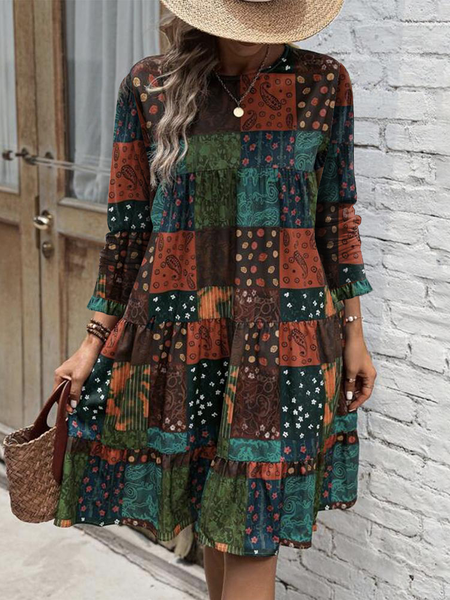 Mulher Étnico Pescoço tripulação Manga Comprida Confortável Casual Mini Vestido