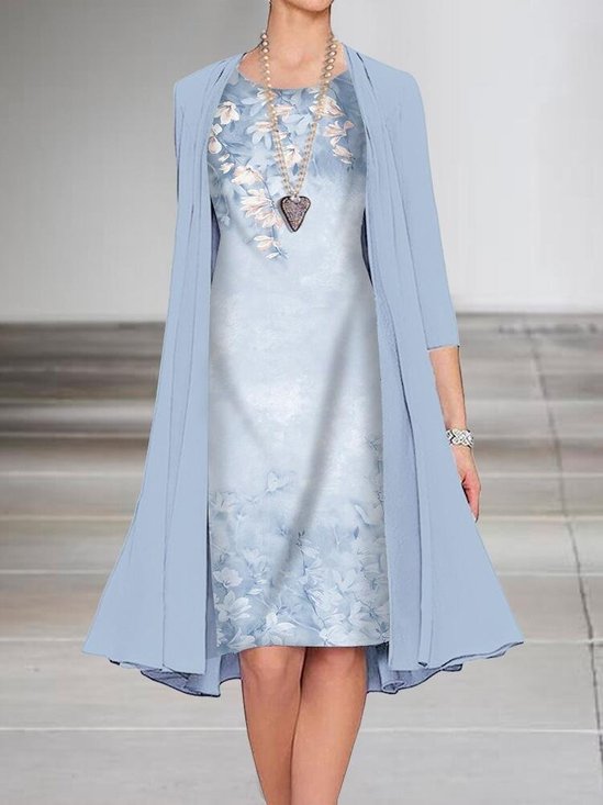 Mulher Floral Xaile Colar manga três quartos Confortável Casual casaco Com Saia Conjunto de duas peças