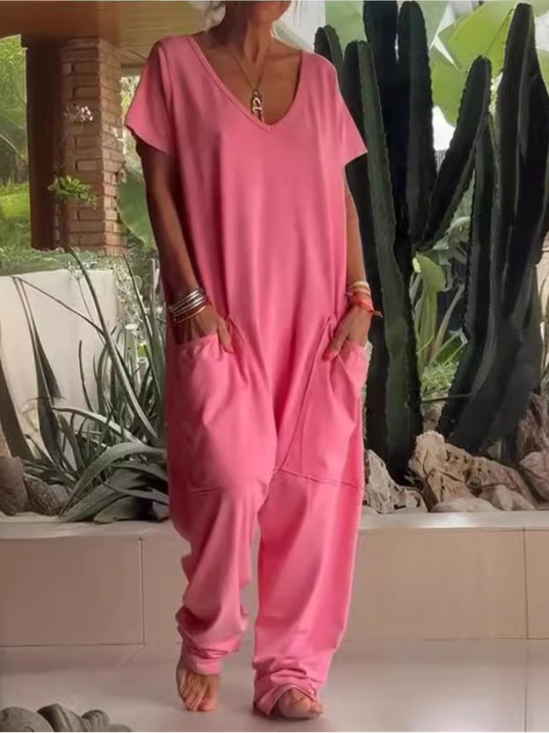 Mulher Manga Curta Gola  V Regular Ajustar Comprida Diário Casual Simples Natural Macacão