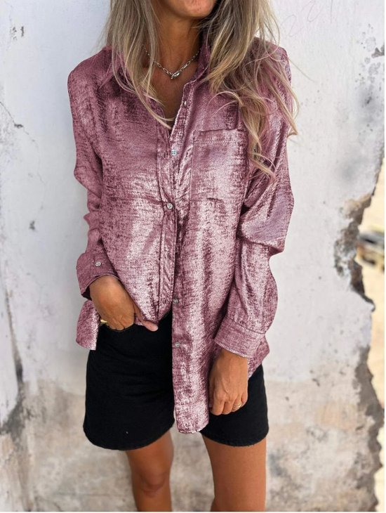 Colarinho da camisa Manga Comprida Simples Regular Solto Camisa para Mulher