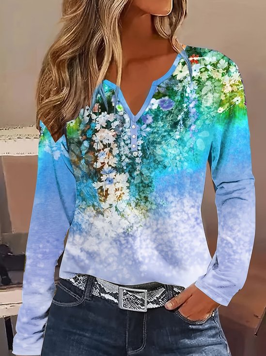 Gola  V Manga Comprida Floral Regular Solto Blusa para Mulher