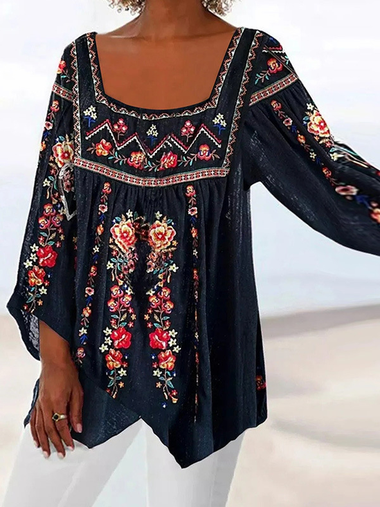 Decote Quadrado Manga Comprida Floral Regular Solto Blusa para Mulher