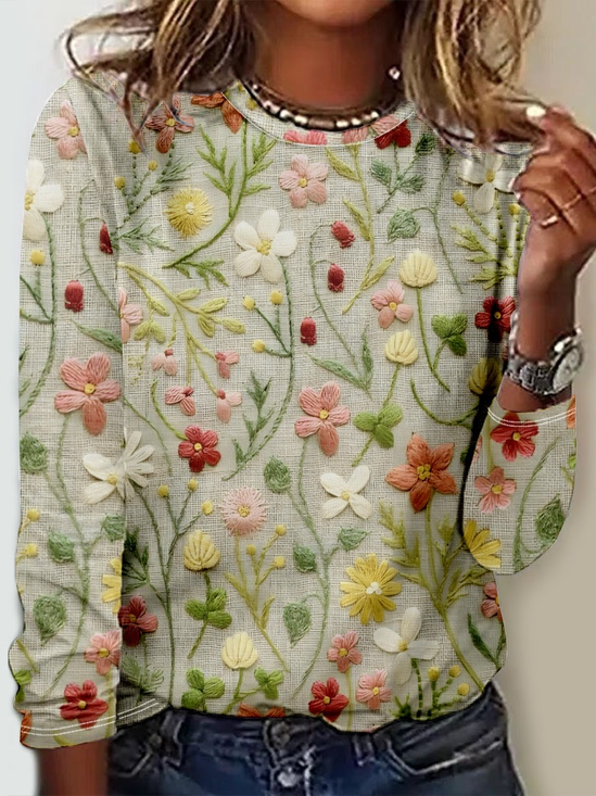 Casual Floral Pescoço tripulação Manga Comprida Camisa