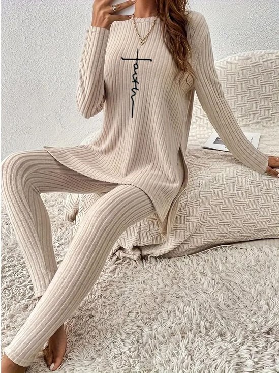 Mulher Simples Xaile Colar Manga Comprida Confortável Casual Topo Com Calças Conjunto de duas peças