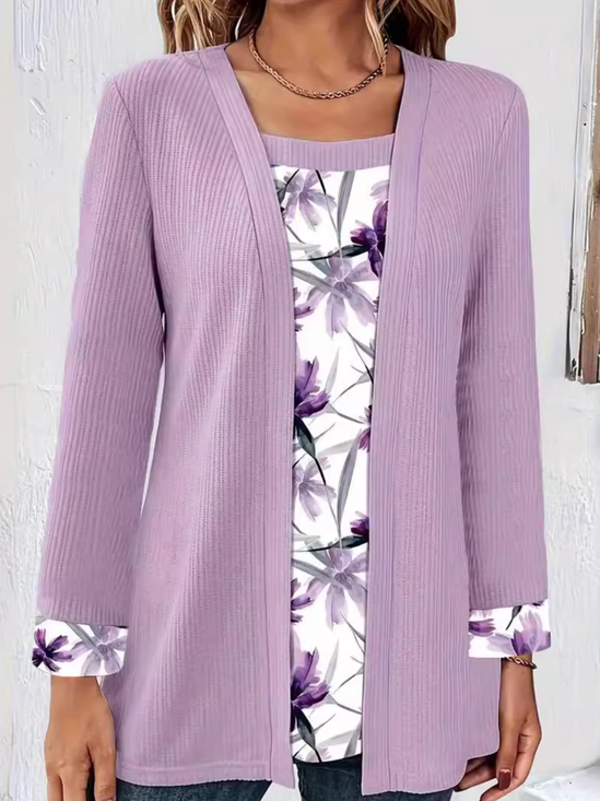 Xaile Colar Manga Comprida Floral Regular Solto Blusa para Mulher