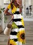 Casual girassol Manga Curta Gola  V Impresso Vestido