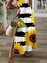 Casual girassol Manga Curta Gola  V Impresso Vestido
