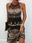 Impresso Halter Sem Manga Tricô Vestido