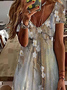 Floral Casual Gola  V Manga Curta Vestido