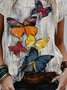 Casual Pescoço tripulação Borboleta Afrouxar Manga Curta Camisa