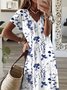 Floral Gola  V Manga Curta Casual Vestido