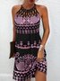 Impresso Halter Sem Manga Tricô Vestido