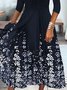 Floral Casual Gola  V Linha-A três Trimestre Vestido