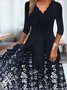 Floral Casual Gola  V Linha-A três Trimestre Vestido