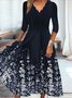 Floral Casual Gola  V Linha-A três Trimestre Vestido
