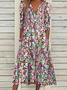 Floral Gola  V Casual Manga Meia Vestido