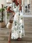 Casual Solto Folha Impresso Gola  V Vestido