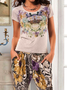 Floral Manga Curta Pescoço tripulação Casual Conjunto de duas peças