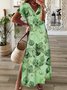 Casual Solto Folha Impresso Gola  V Vestido