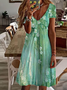 Floral Casual Gola  V Manga Curta Vestido