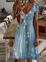 Floral Casual Gola  V Manga Curta Vestido
