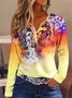 Gola  V Manga Comprida Floral Regular Solto Blusa para Mulher