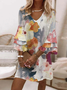 Mulher Floral Gola  V manga três quartos Confortável Casual Mini Vestido