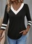 Casual Cor Quadra Gola  V Manga Comprida Camisa