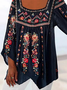 Decote Quadrado Manga Comprida Floral Regular Solto Blusa para Mulher