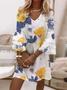 Mulher Floral Gola  V manga três quartos Confortável Casual Mini Vestido