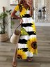 Casual girassol Manga Curta Gola  V Impresso Vestido