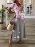 Casual Floral Manga Curta Gola  V Impresso Vestido