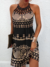 Impresso Halter Sem Manga Tricô Vestido