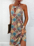 Casual Impresso Hippie Sem Manga Halter Vestido