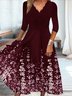 Floral Casual Gola  V Linha-A três Trimestre Vestido