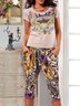 Floral Manga Curta Pescoço tripulação Casual Conjunto de duas peças